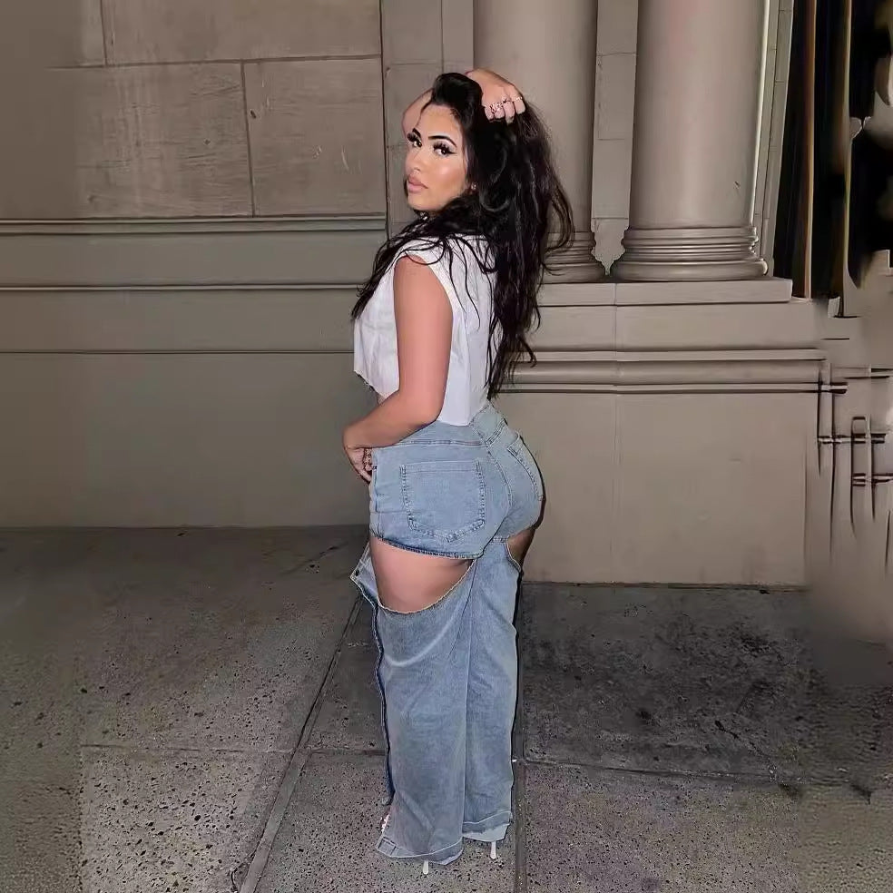 Fashionable loose wide leg solid color stretch Denim straight pants 4