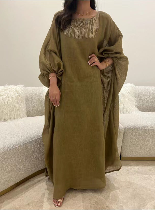 linen fringed lantern sleeve dress