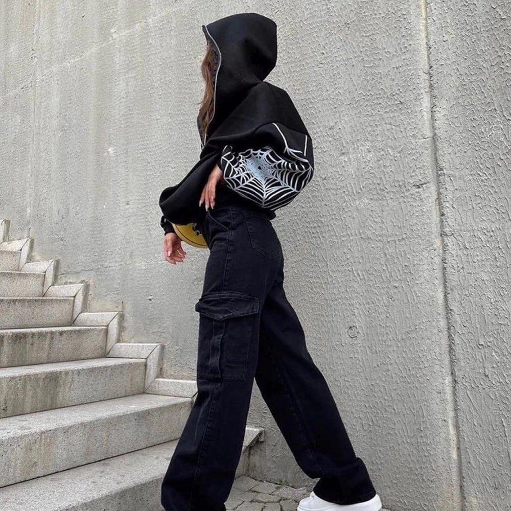 Autumn And Winter Spider Web Print Street Trendy Zipper Hooded Coat Casual Hoodies