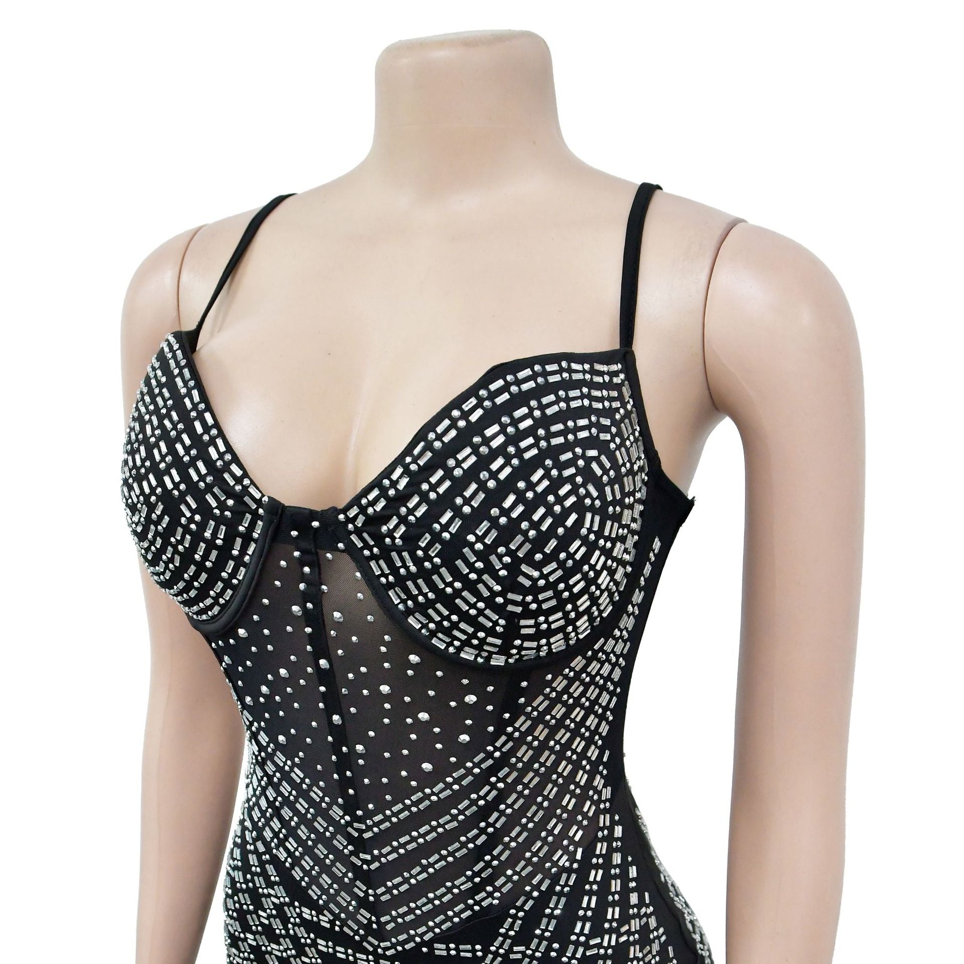 Women's Fashion Solid Color Mesh Beaded Straps Bodycon Club Dress 12