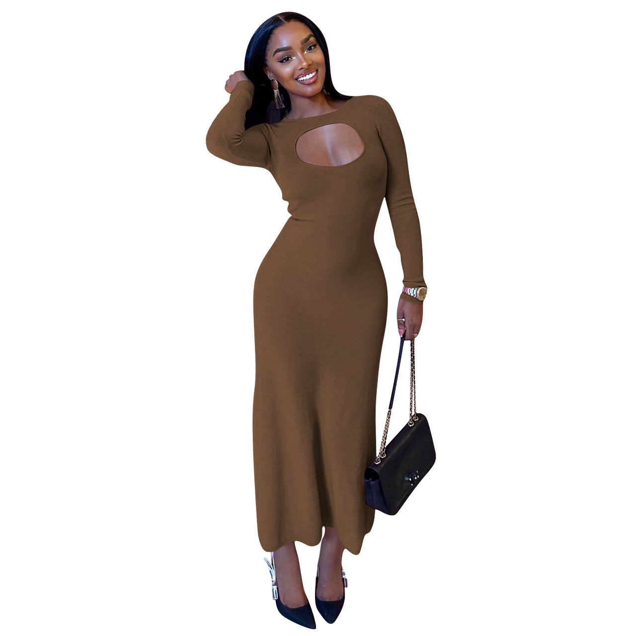 Women's Clothing Sexy Fashion Keyhole Solid Long Sleeve Dress Women's Clothing 6