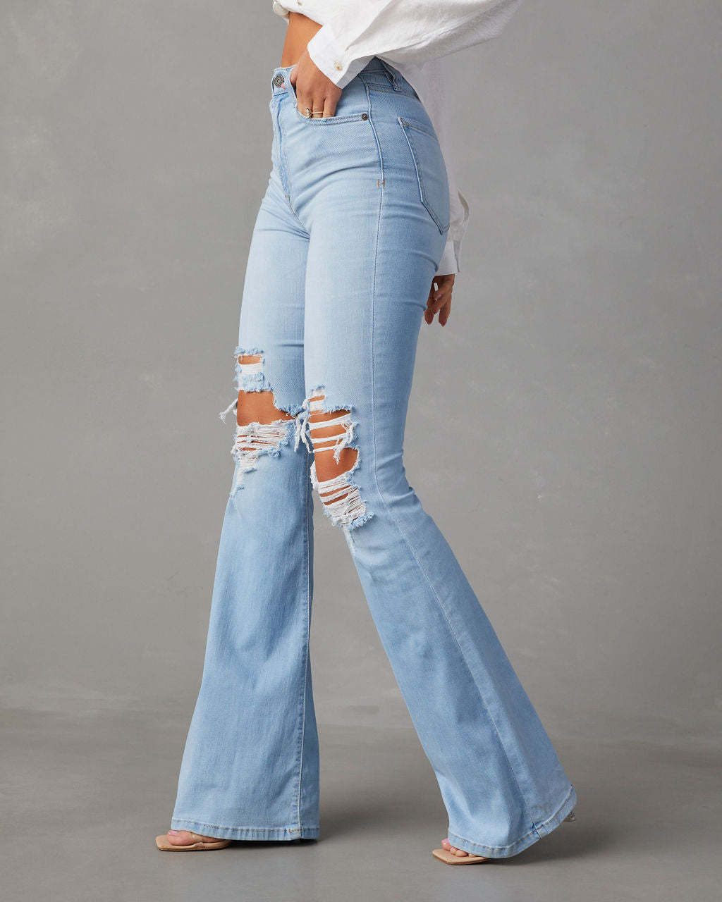 Women High Waist Ripped Denim Bell Bottom Pants