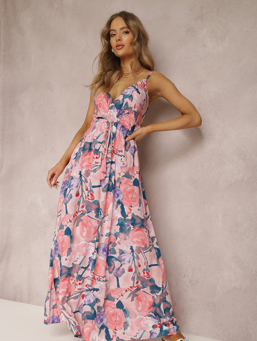 Spring Summer Women's Fashion Printed Sexy Strap Deep V Neck Low Back Long Dress 3