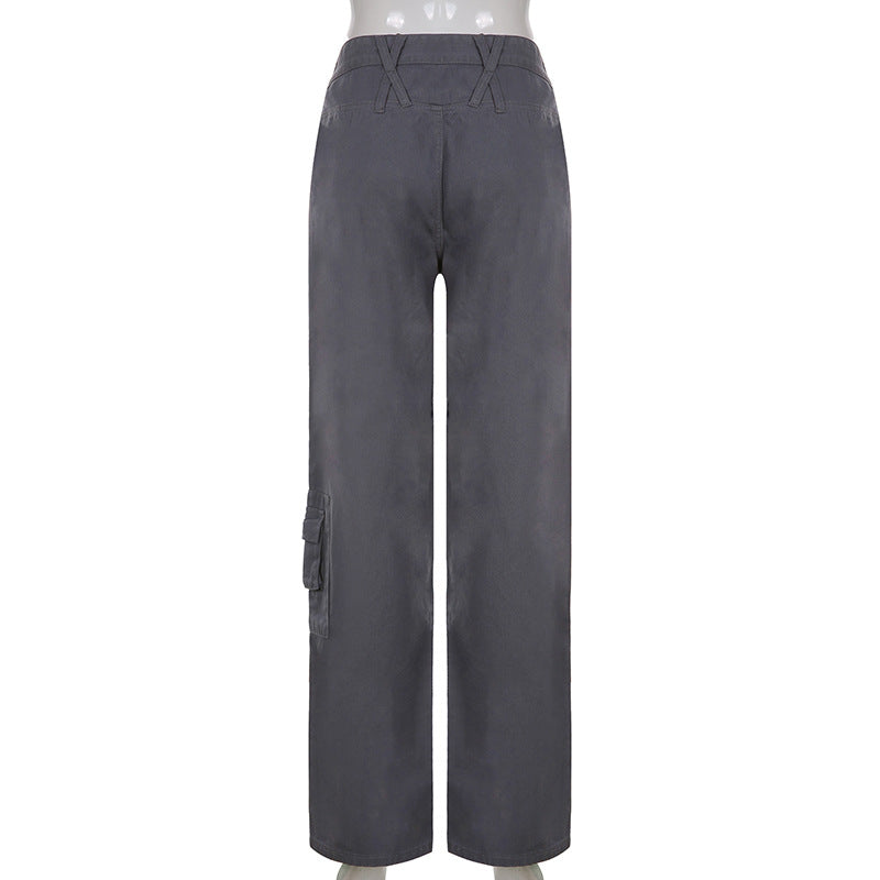 Street Hipster Women Clothing Casual Loose Drawstring Belt High Waist  Grey Wide Leg Denim Cargo Pants 13