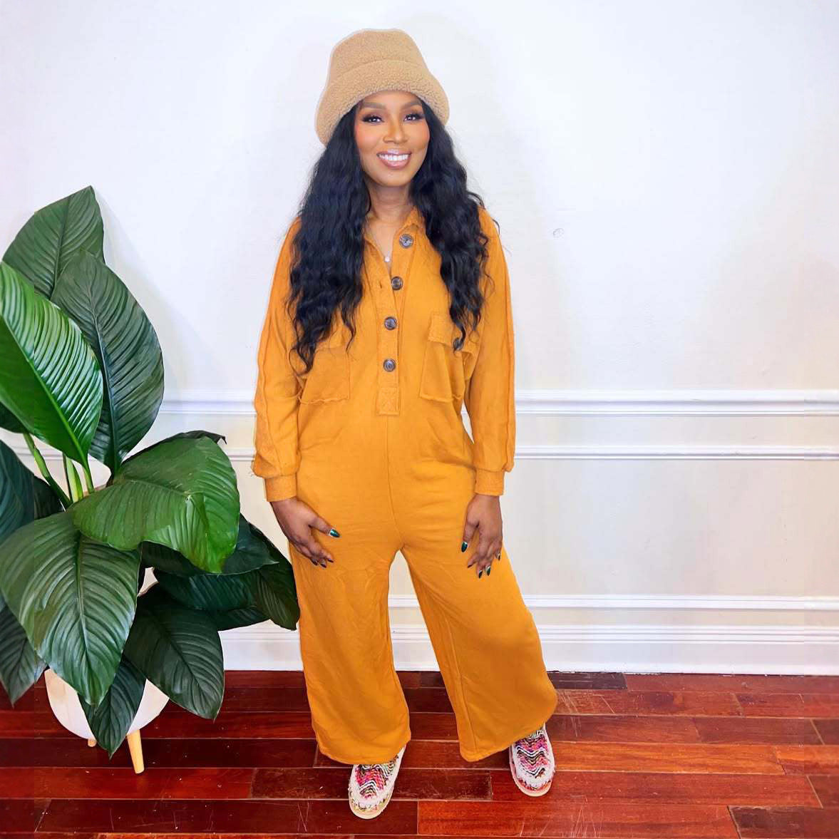 Women Casual Turndown Collar Wide-Leg Jumpsuit 4