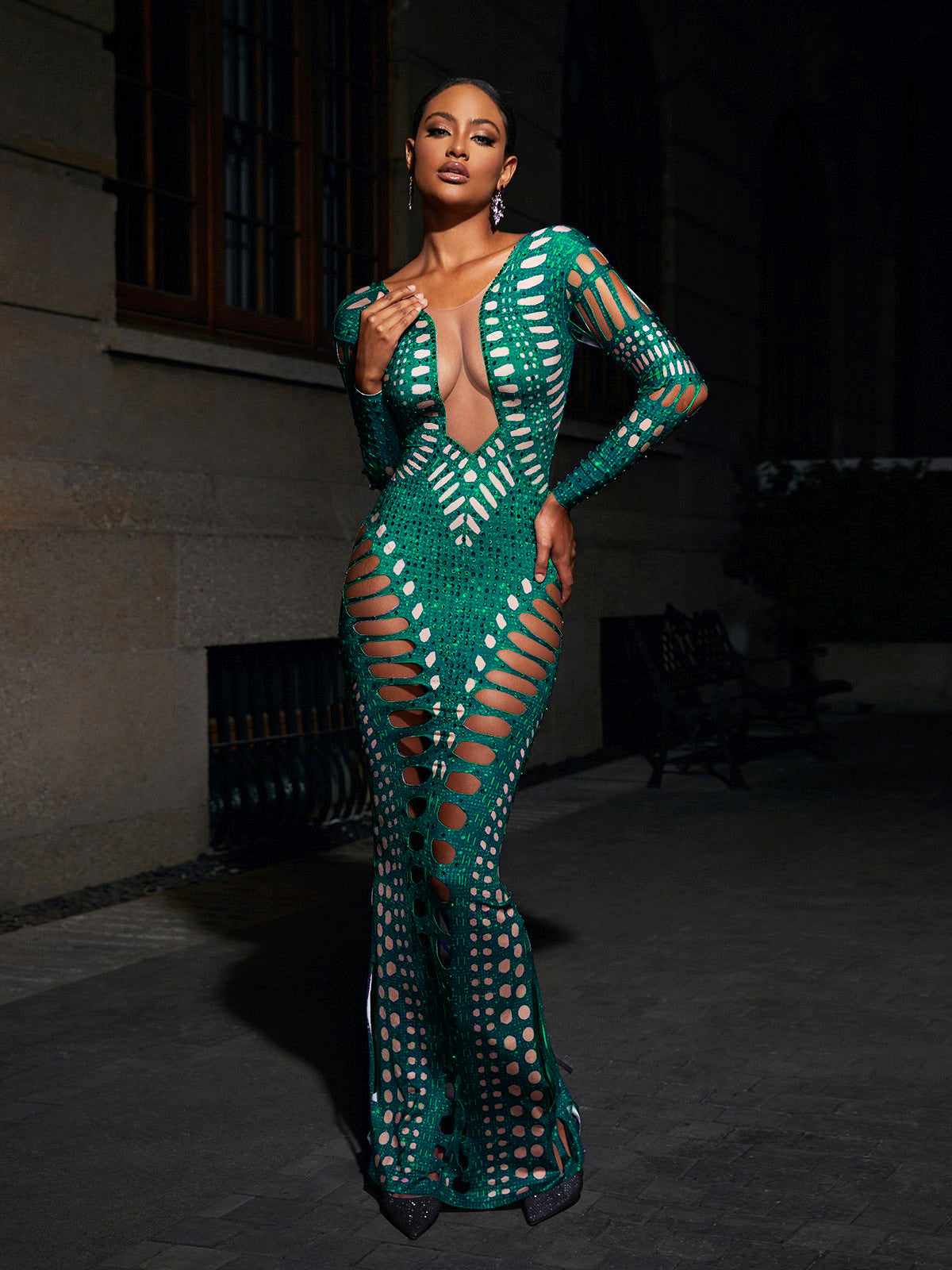 Women's Sexy Ripped Tight Fitting Hollow Out Beaded Print Maxi Dress 4