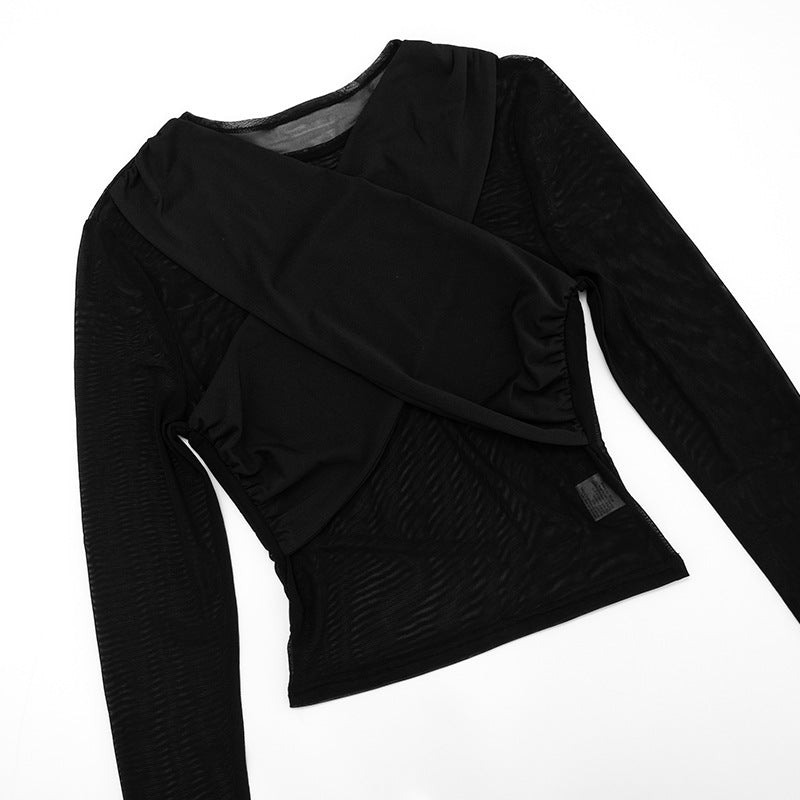 Women Autumn/Winter Cross-Gathered Double-Collared Top and See-Through Mesh Skirt with Three-Piece Knee Pads 17