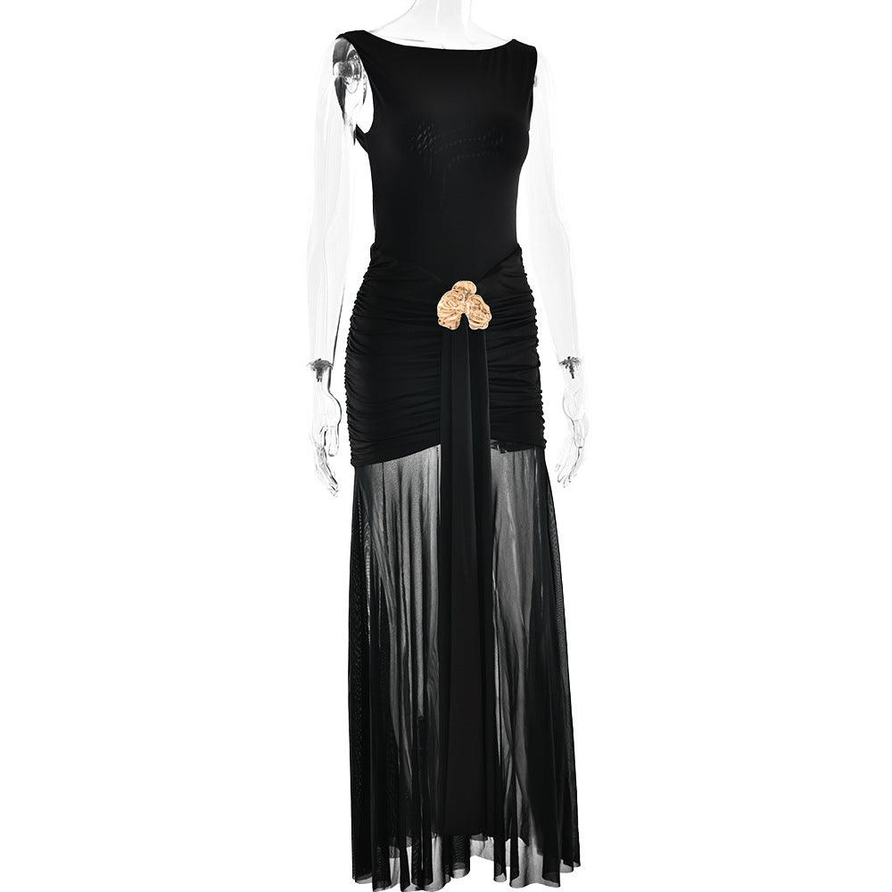 Women's Summer Sexy Solid Sleeveless Low Back Slit Pleated Long Dress 13