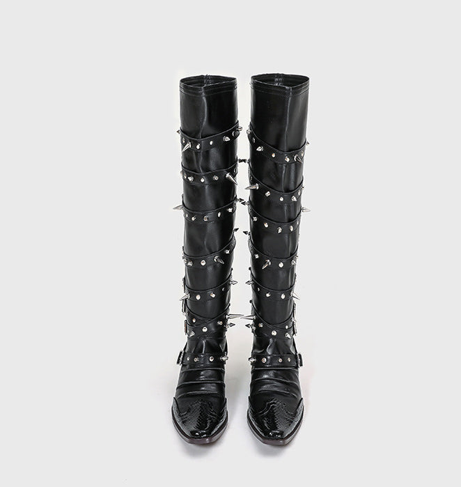 Punk Gothic Wide-Tube Leather Pointed Rivet Long Boots 9