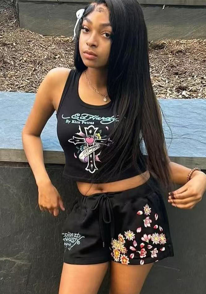 Women Trendy Street Sports Print Top and ShortsTwo Piece Set