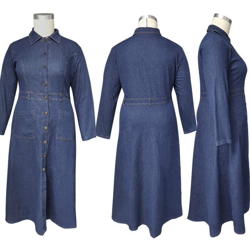 Plus Size Women Women Denim Turndown Collar Long Sleeve Dress 8