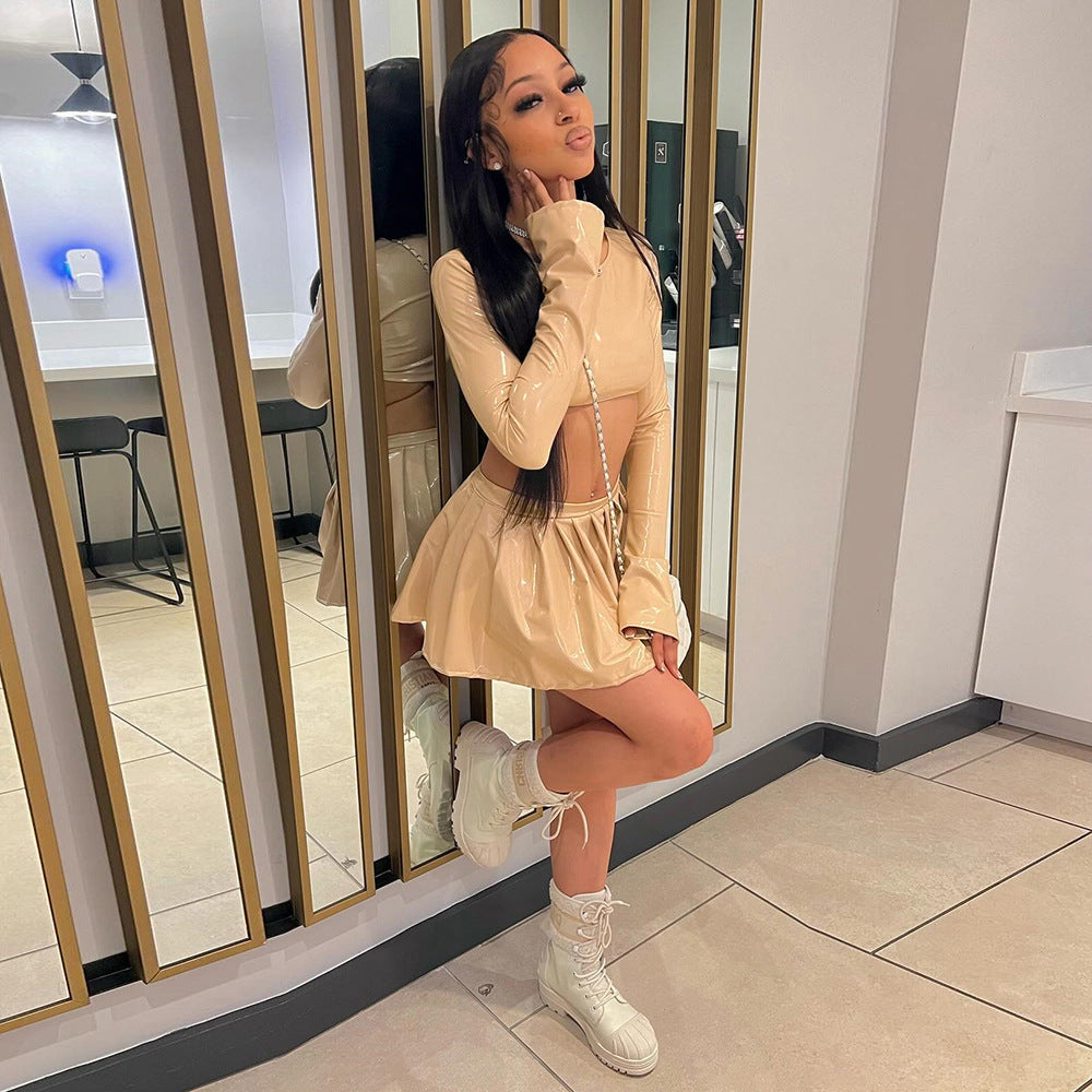 Women Autumn Long Sleeve Round Neck pu-Leather Top and Pleated Skirt Two-piece 3