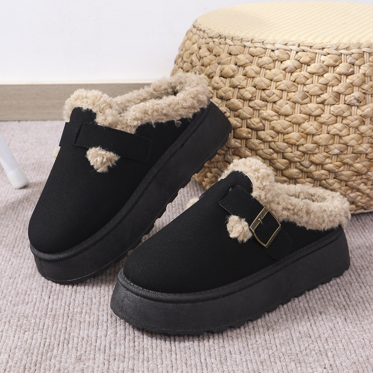 Fashionable Autumn Winter Thick-Soled Fleece Buckle Cotton Slippers Casual Plus Size Women's Shoes 8