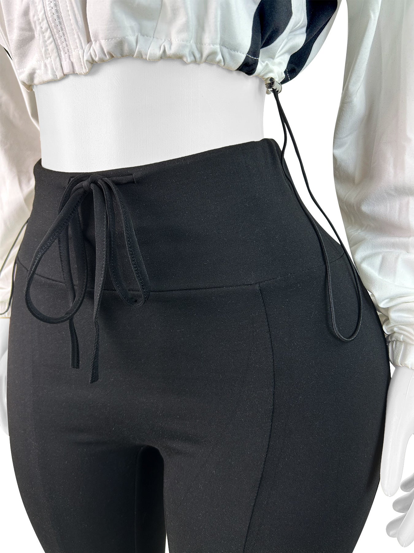 Fashion women's contrast color drawstring Slim Waist zipper Crop long sleeve Top shorts set 10