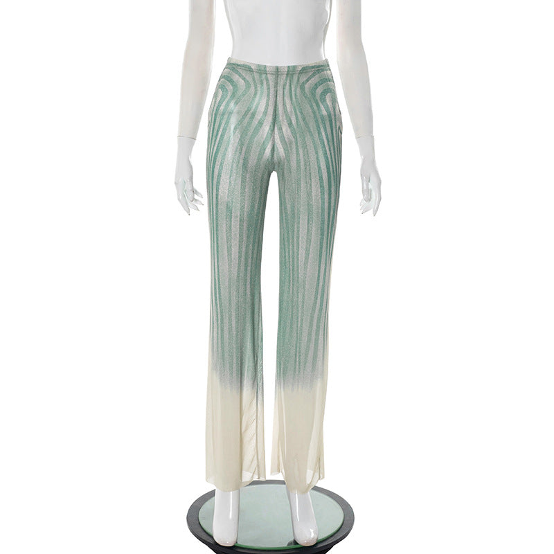 Women's Slim Geometric Pattern Print Round Neck Sleeveless Bodysuit Wide-Leg Pants Two Piece Set 10