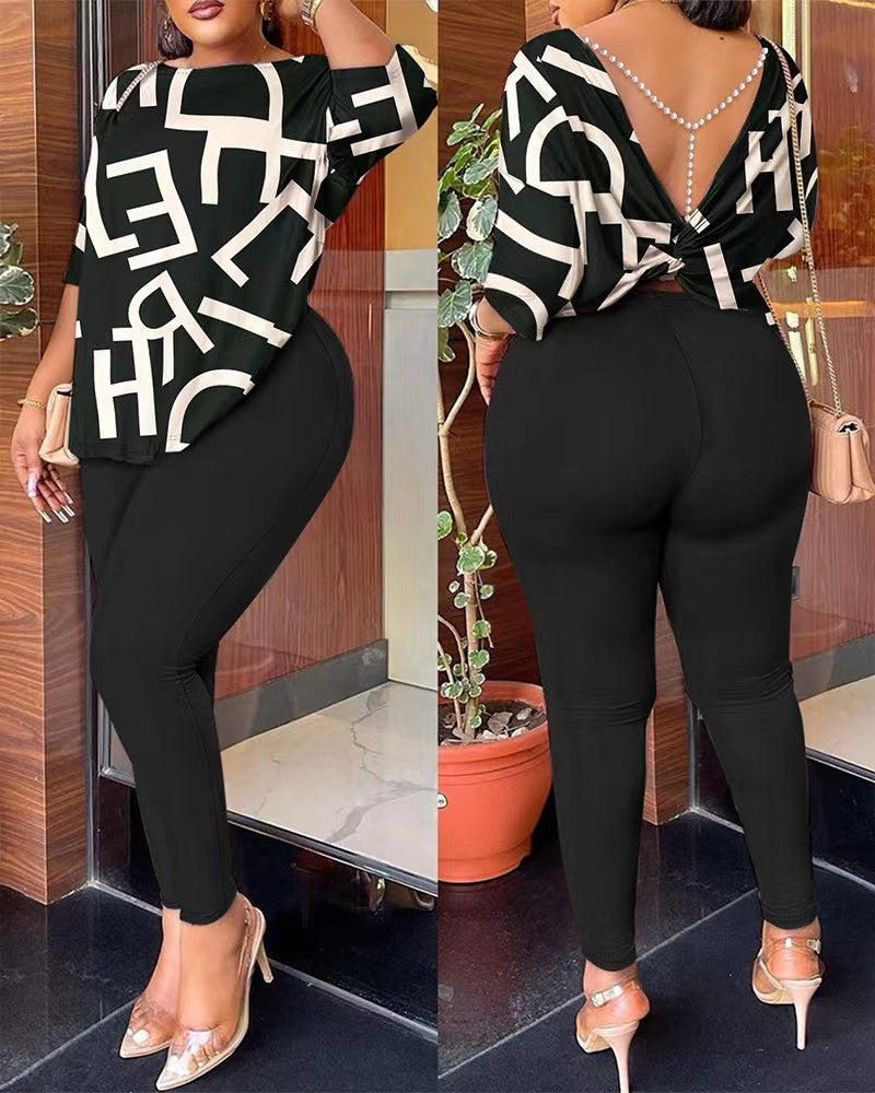 Women Autumn Casual Backless Printed Top and Pants Two-piece Set 7