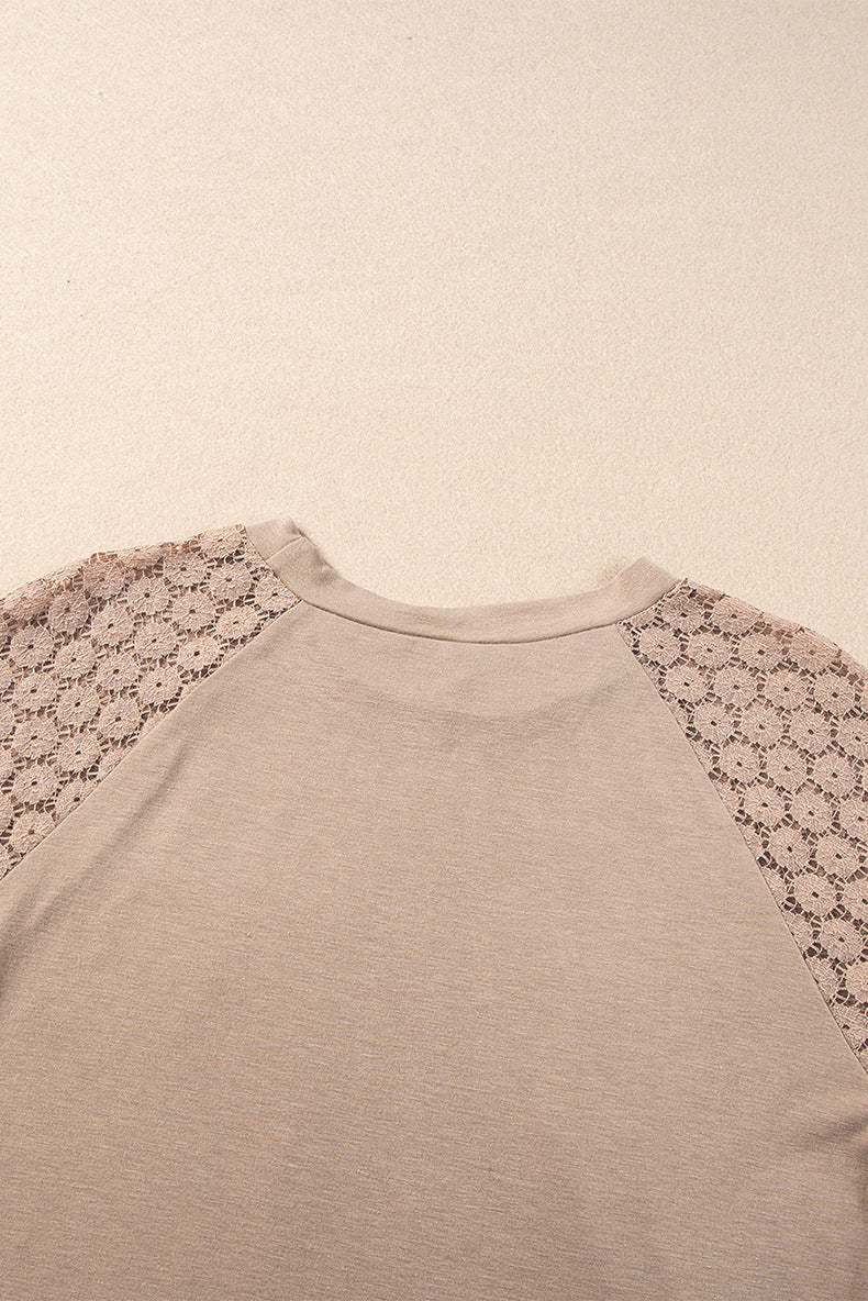 Women Spring and Summer Solid Hollow Lace Short Sleeve Round Neck Crumpled Dress 12