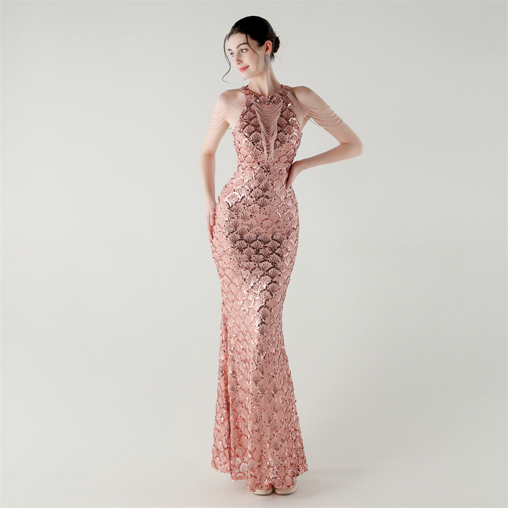 Elegant Chain-Decorated Fishtail Sequin Evening Dress for Formal Ceremonies 15