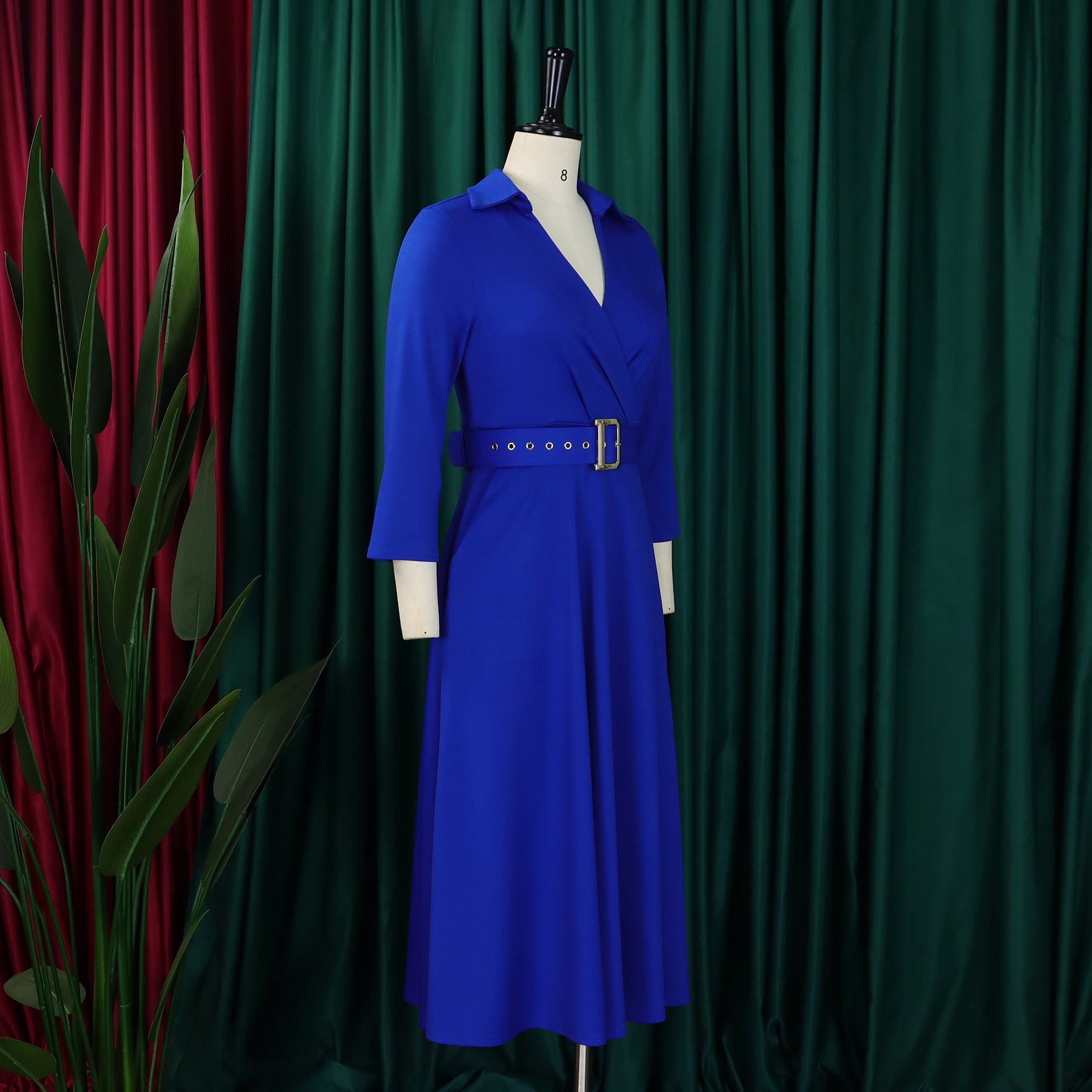 Plus Size Women Autumn Turndown Collar Solid Dress 21