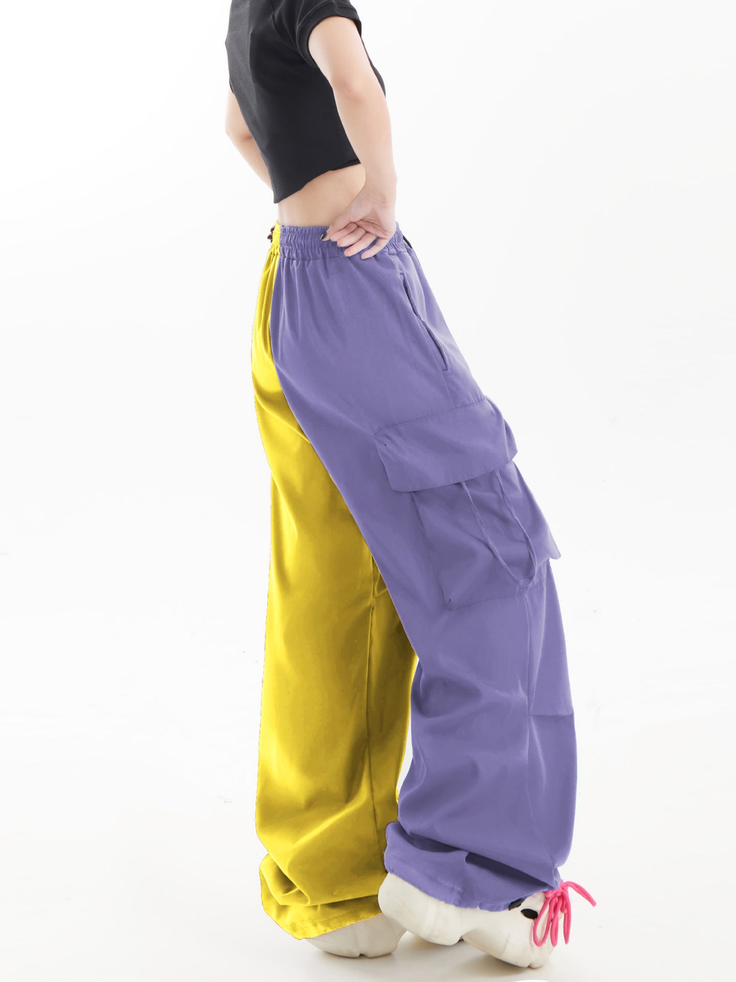 American Contrast Color Loose Wide Leg Cargo Pants Hip Hop Color Matching Fashion Casual Sports Trousers for Women 19