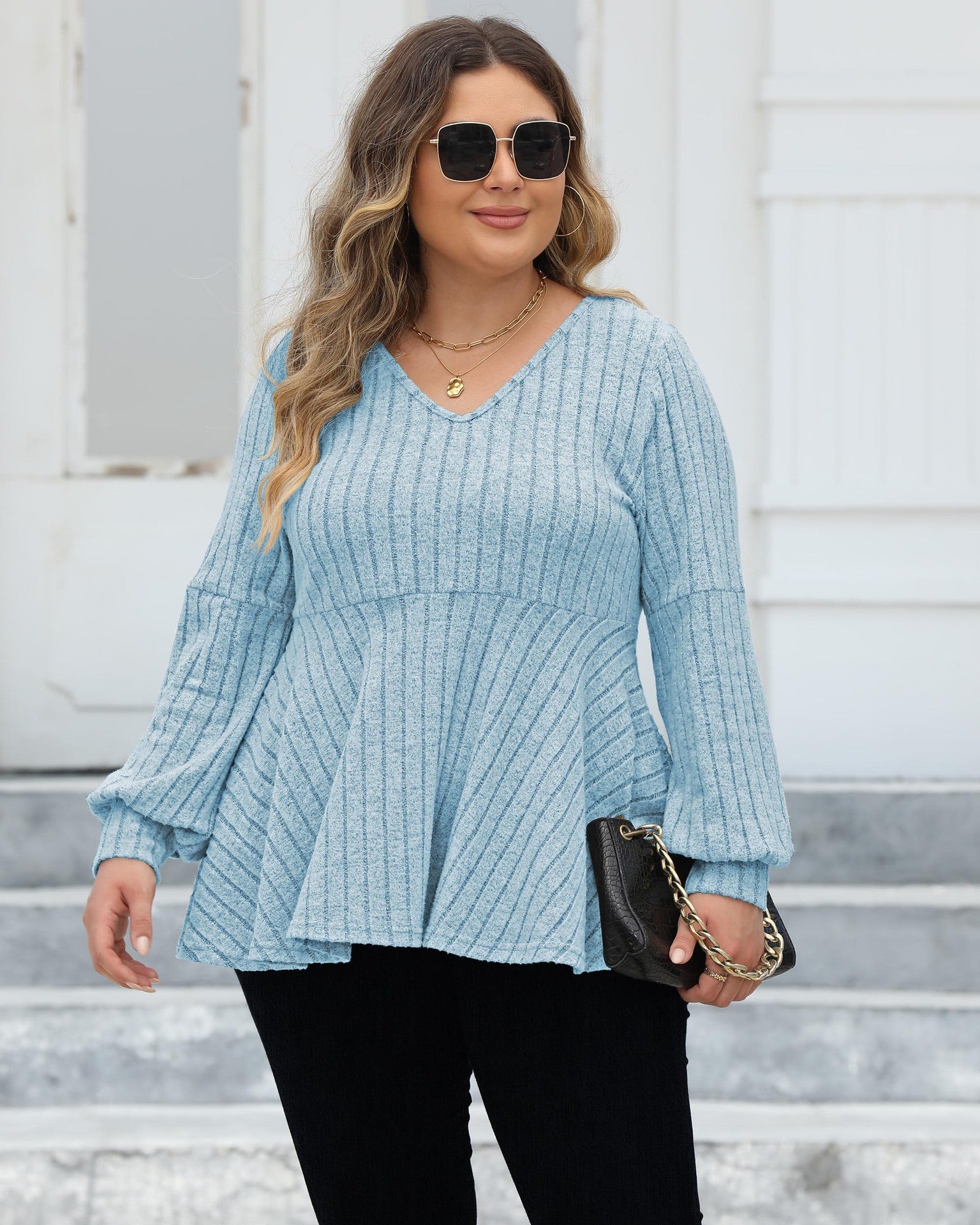 Women's Plus Size Tops Spring And Autumn V-Neck Ribbed Lantern Sleeve T-Shirt Basic Shirt 13