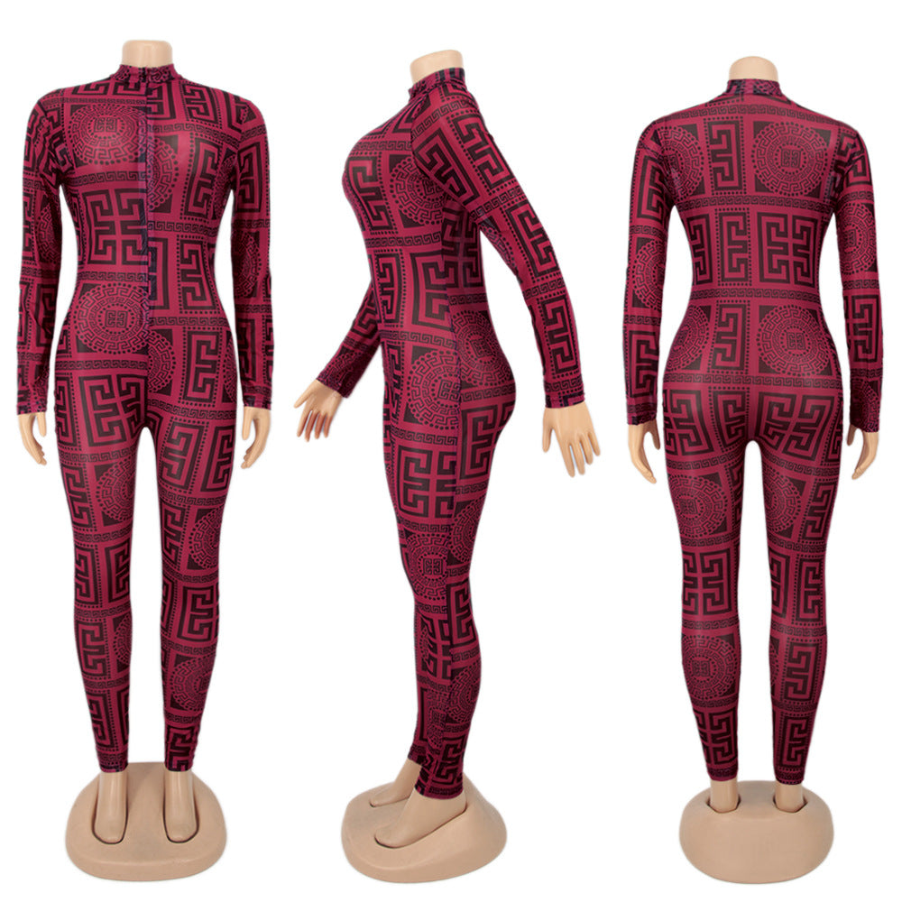 Printed Long Sleeve Tight Fitting Women's Jumpsuit 3