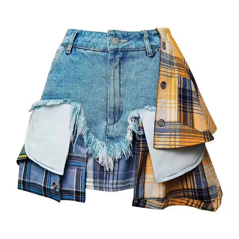 Women American summer irregular plaid patchwork denim skirt 3