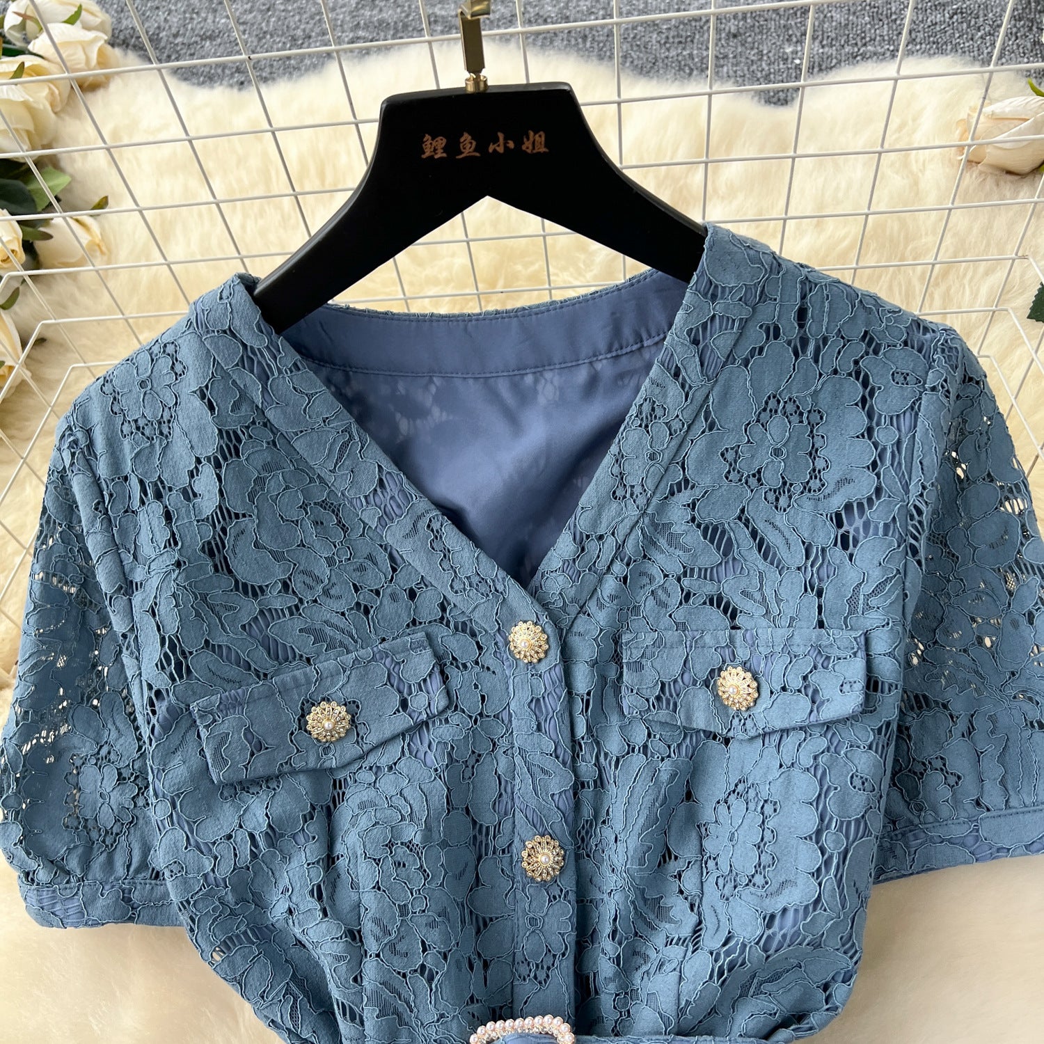 Women French V-Neck Metal Buttoned Mesh Patchwork Lace Ruffle Dress 13