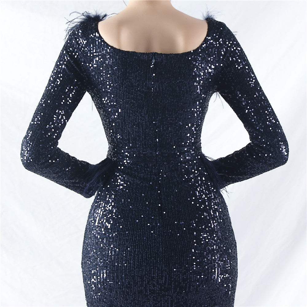 Women ostrich feather long-sleeved sequined evening dress 46
