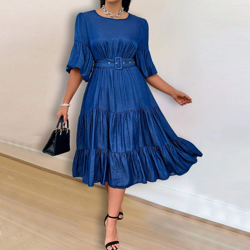 Women's Puff Sleeve Round Neck Fashion Denim Dress 4