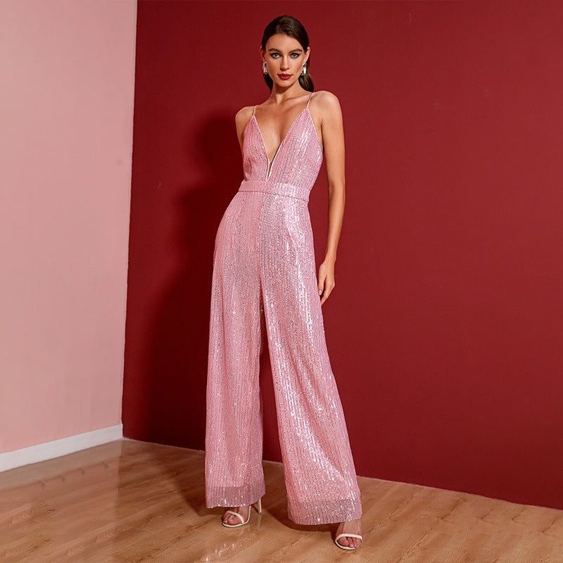 Deep V Neck Low Back Sleeveless Chic Sequined Straps Elegant Women's Party Jumpsuit 8