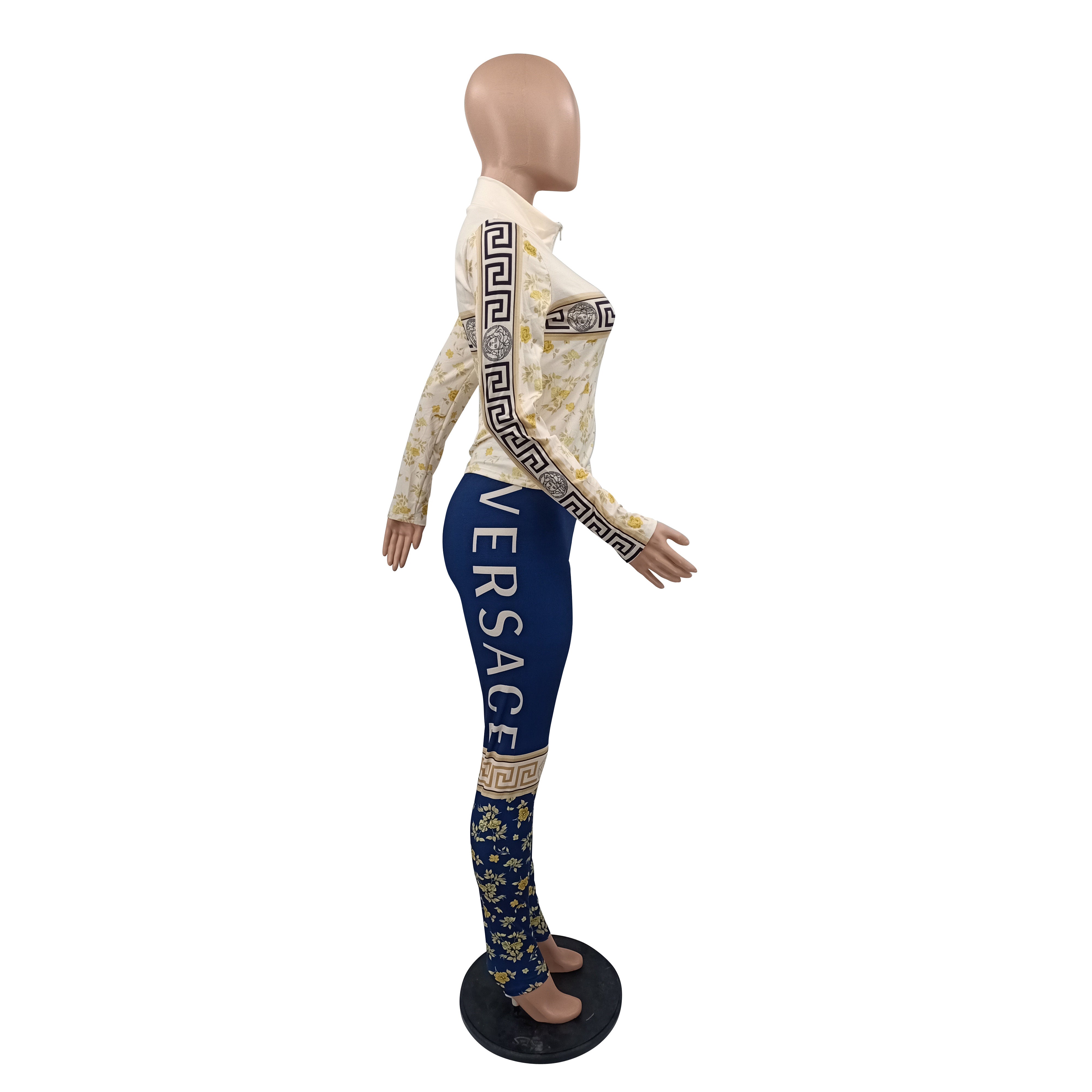 Women's Casual Fashion Color Block Print Long Sleeve Zipper Two-Piece Pants Set 4