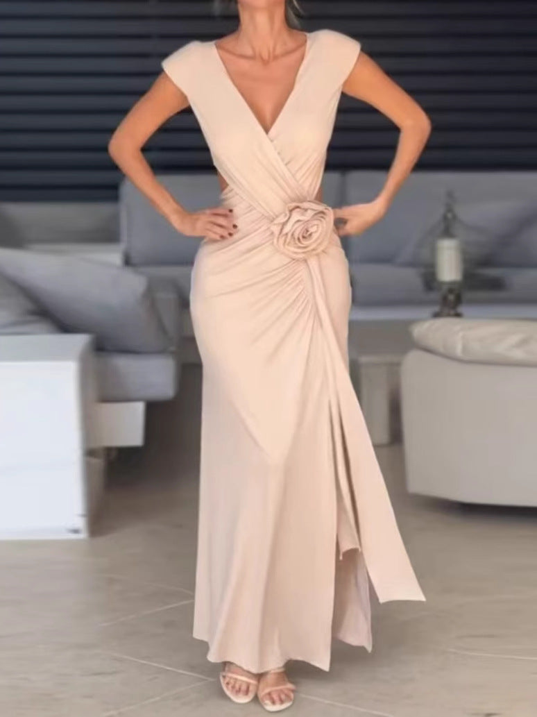 Women's Chic Elegant V-neck Sleeveless Slit Hollow Slim Waist Slim Evening Dress 5