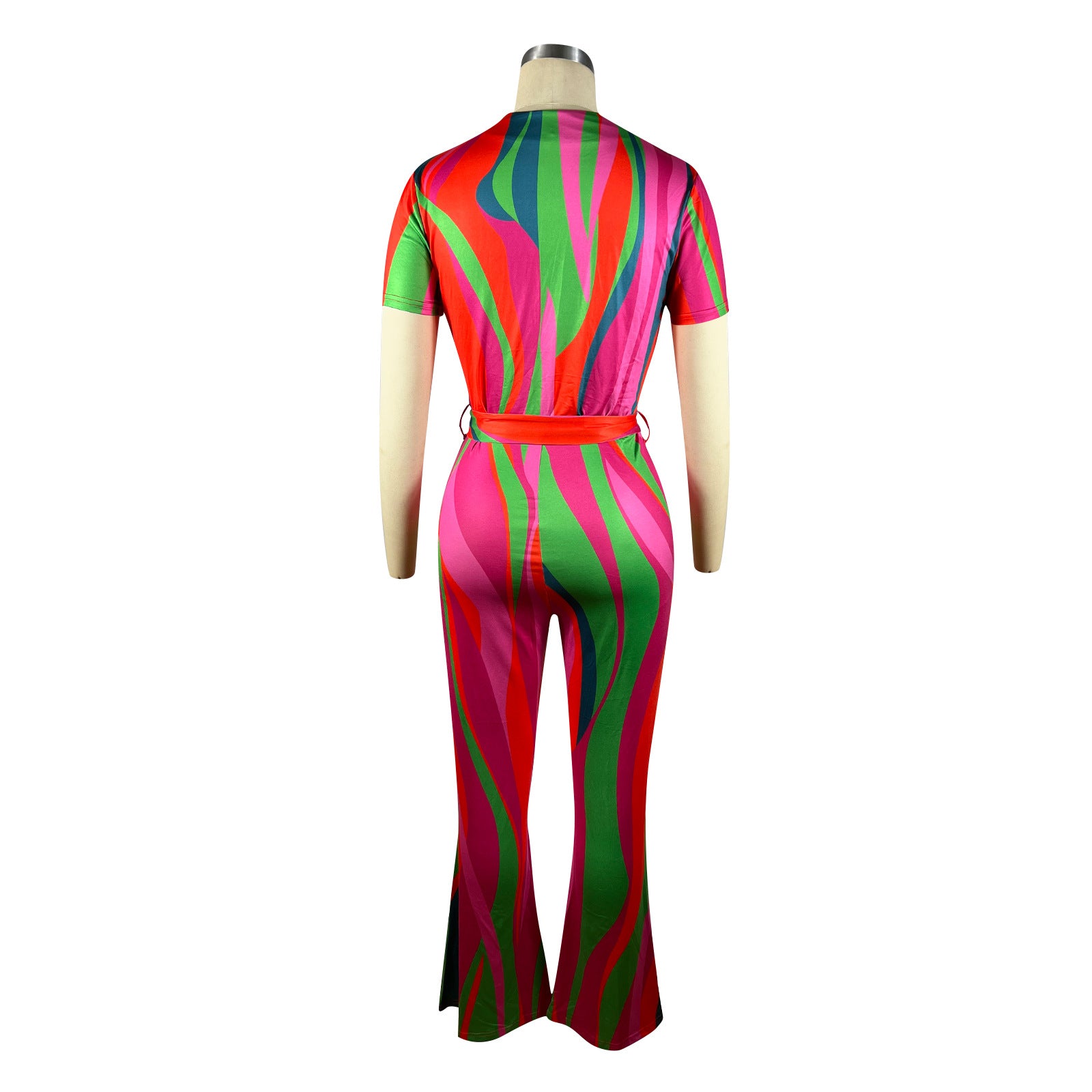 Women's Random Stripe Print V-Neck Short Sleeve Cargo Rompers 7