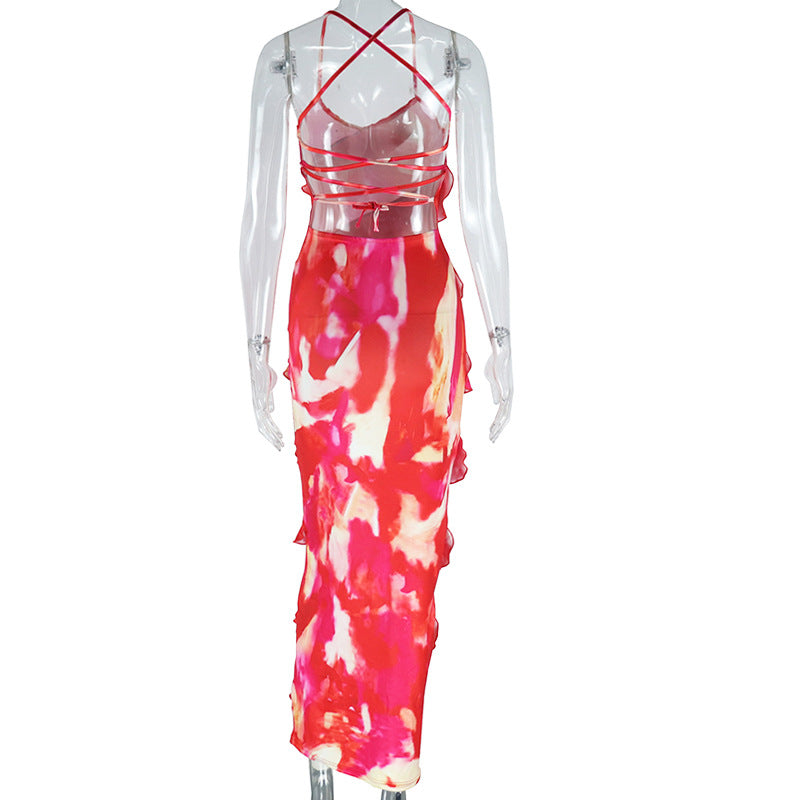 Women's Fashion Print Sexy Strap Low Back Ruffled Irregular Trend Dress 6