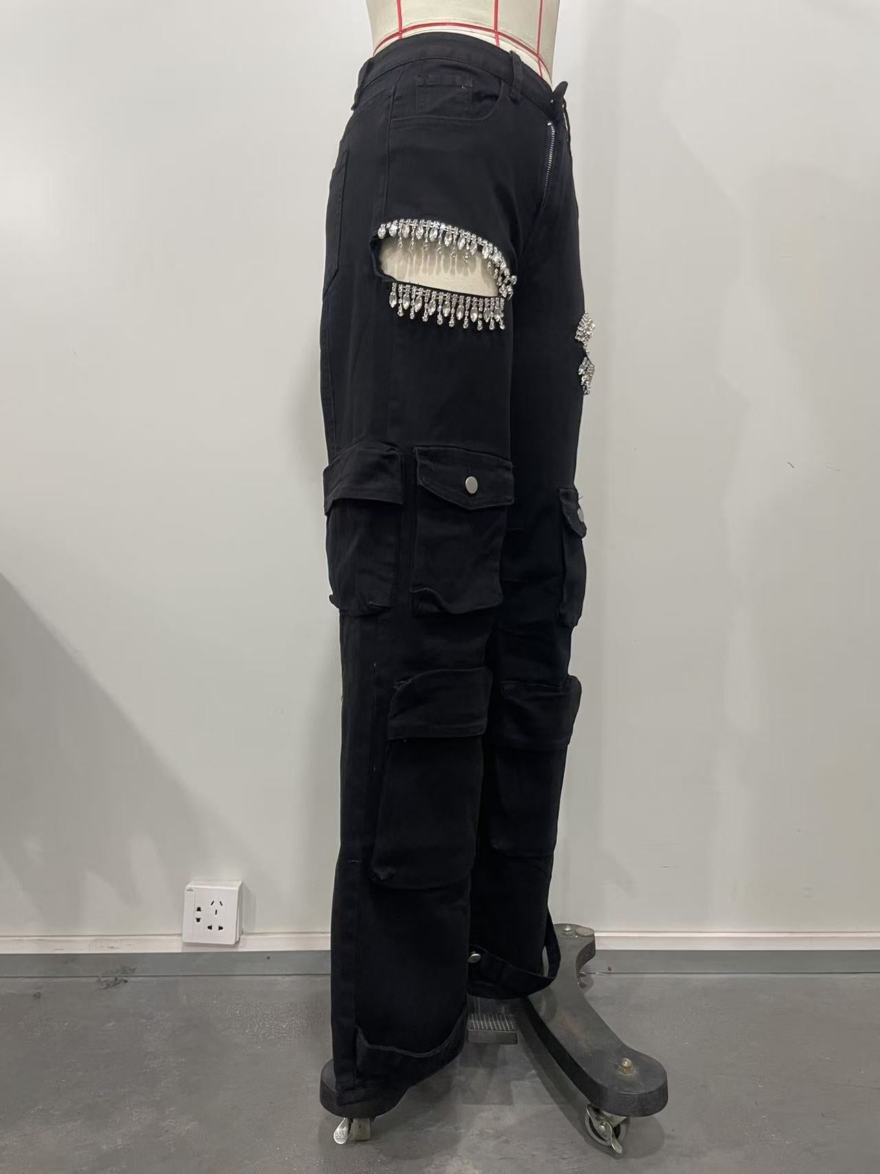 Fashionable Women's Multi-Pocket Cut Out Diamond Denim Pants 15