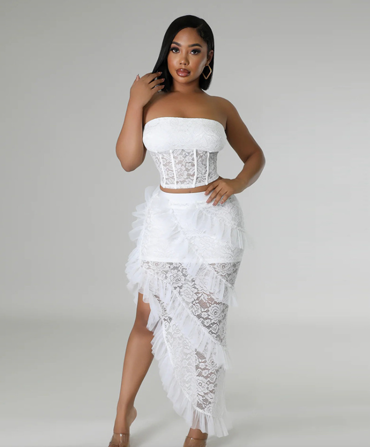 lace Strapless top irregular skirt solid color women two-piece set