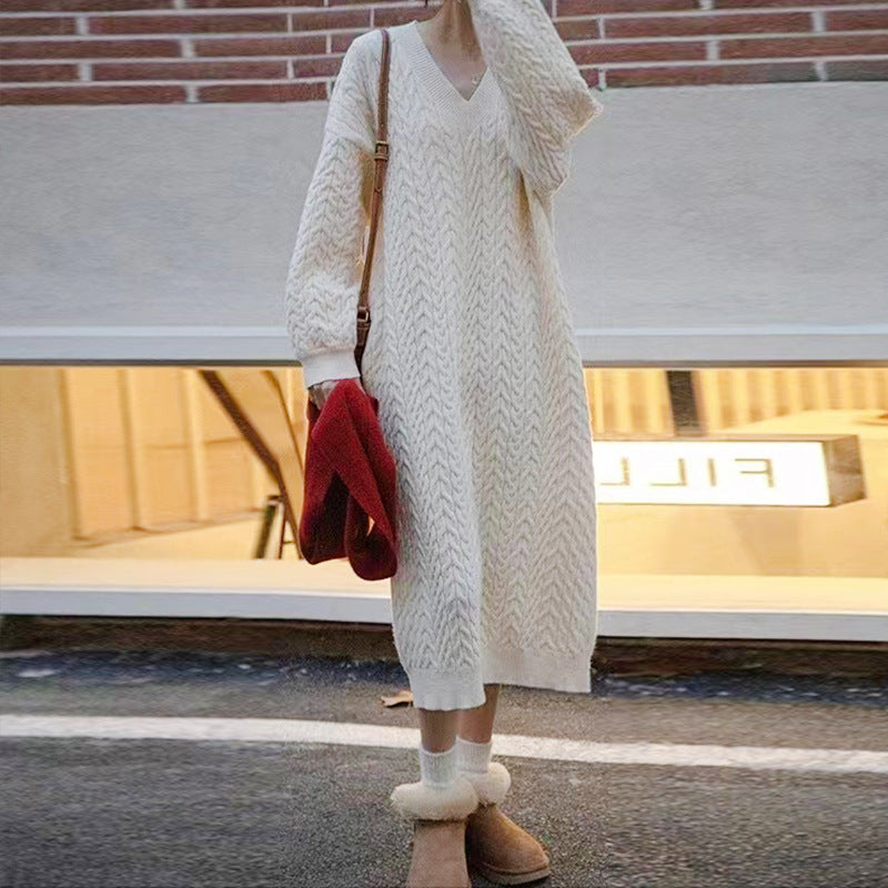 Autumn and winter v-neck retro style twist embossed pullover sweater Casual Knitting Basic dress for women 10