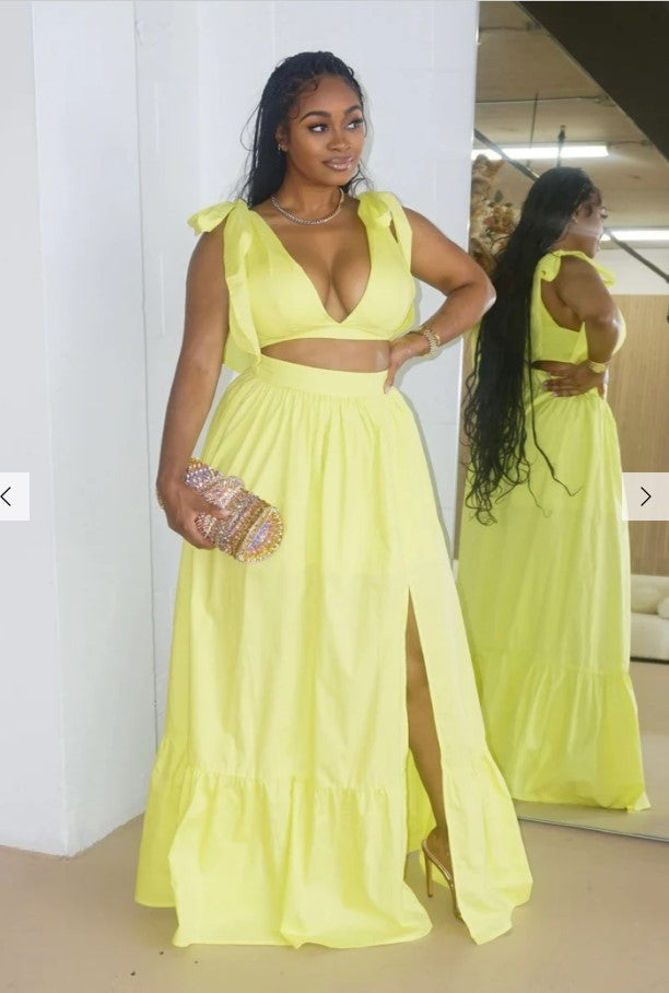 Women's Solid Color V-Neck Lace-Up Tank Top+Slit Long Skirt Two Piece Set 7