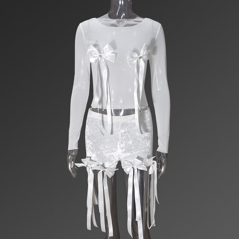 Women Sexy Bow See-Through Top and lace Tassel Shorts Two Piece Set 8