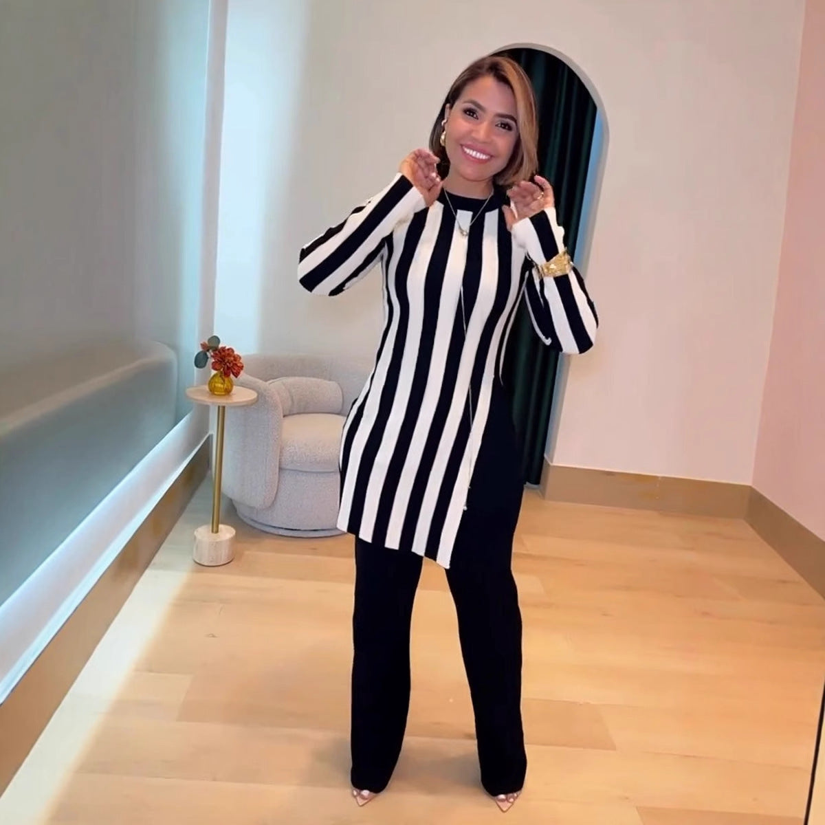 Women stripe printed long-sleeved top and pants two-piece set 7