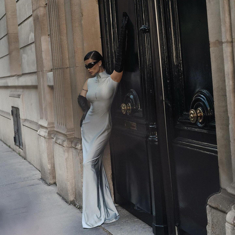 Women's Summer Solid Color Casual Zipper Sleeveless Slim Women's Long Dress 7