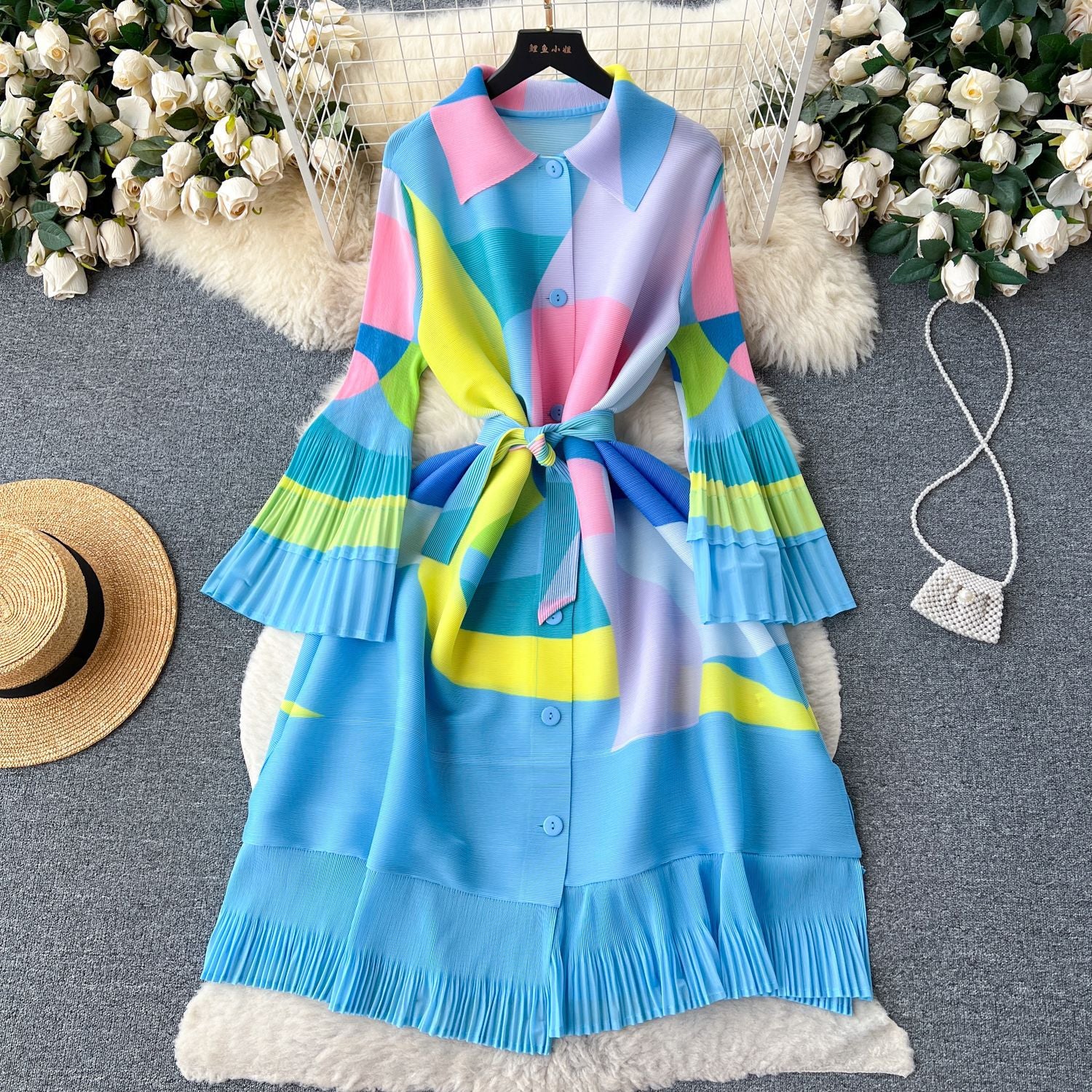 Print Women Summer Loose Slim Fit Casual Pleated Dress
