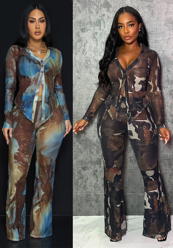 Women Sexy Button Printed Mesh Top and Bell Bottom Pants Two-Piece Set