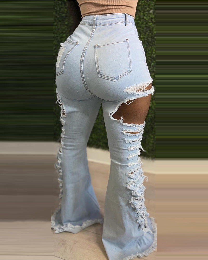 Women Ripped Bell Bottom Denim Pants 3
