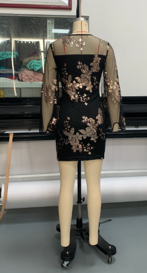 Women mesh lace Patchwork long sleeve Bodycon dress 3