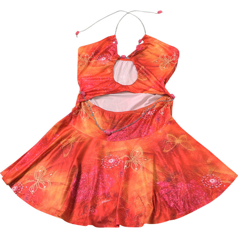 Women's Summer Style Chain Halter Neck Sexy Cut-out Print Dress 13
