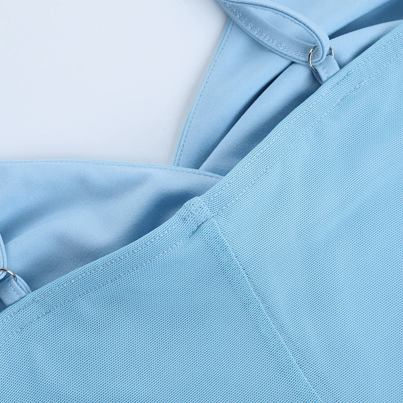 V-Neck Slim Waist Strap Dress Summer Solid Holiday Dress 15