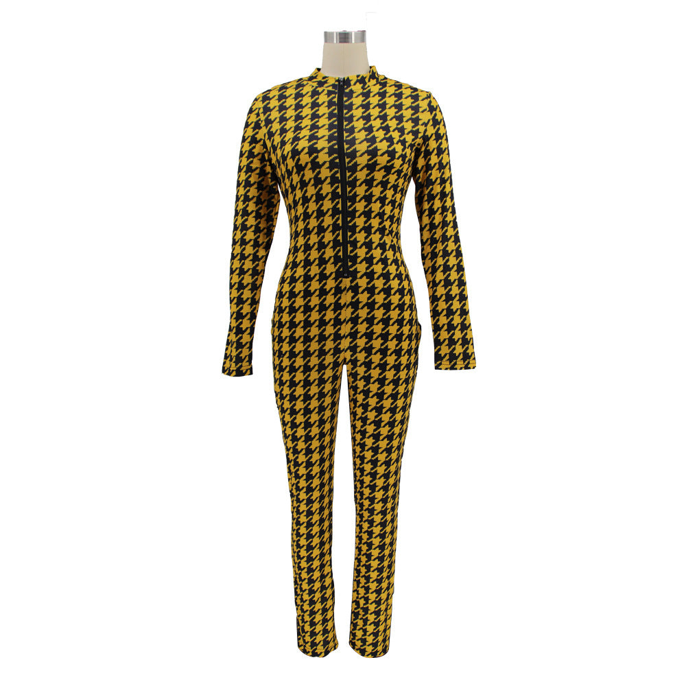 Spring Women's Plaid Print Round Neck Zipper Casual Jumpsuit 11