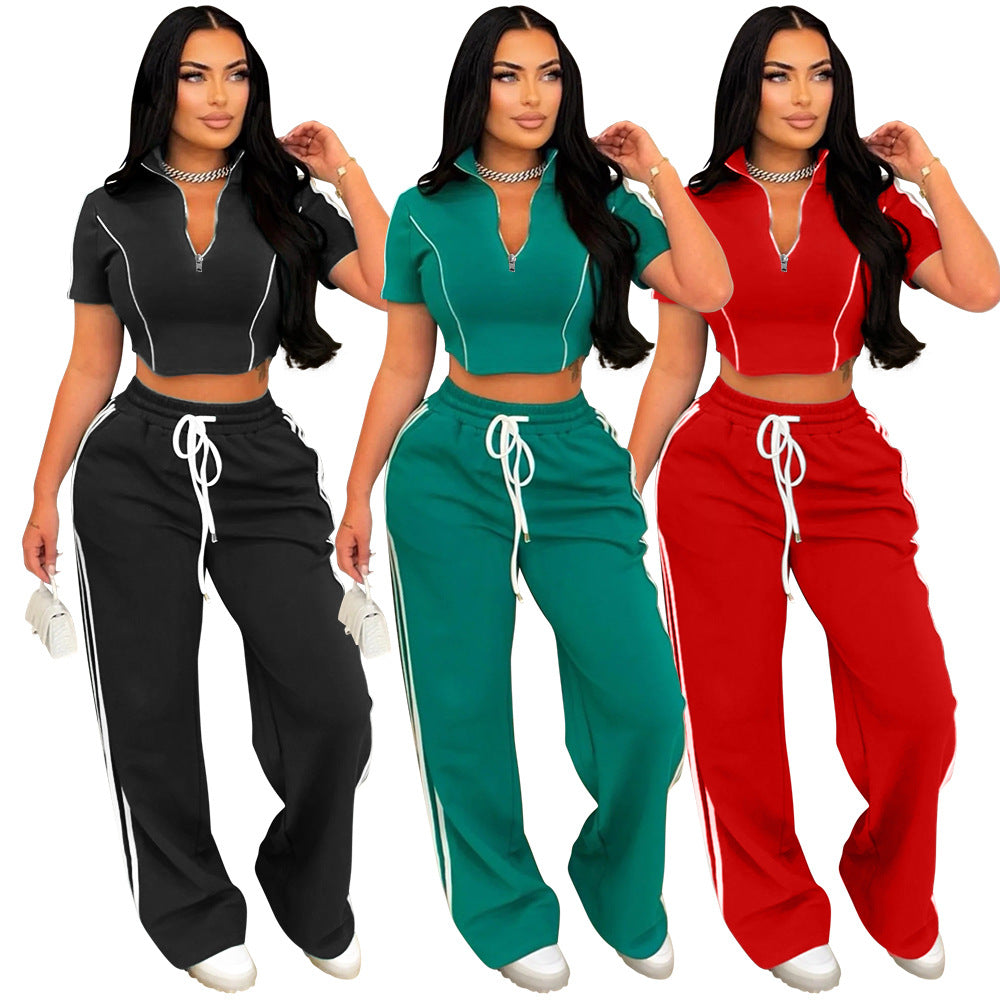 Fashion Women Zipper Short Sleeve Short Top Loose Pants Casual Two-Piece Set 13
